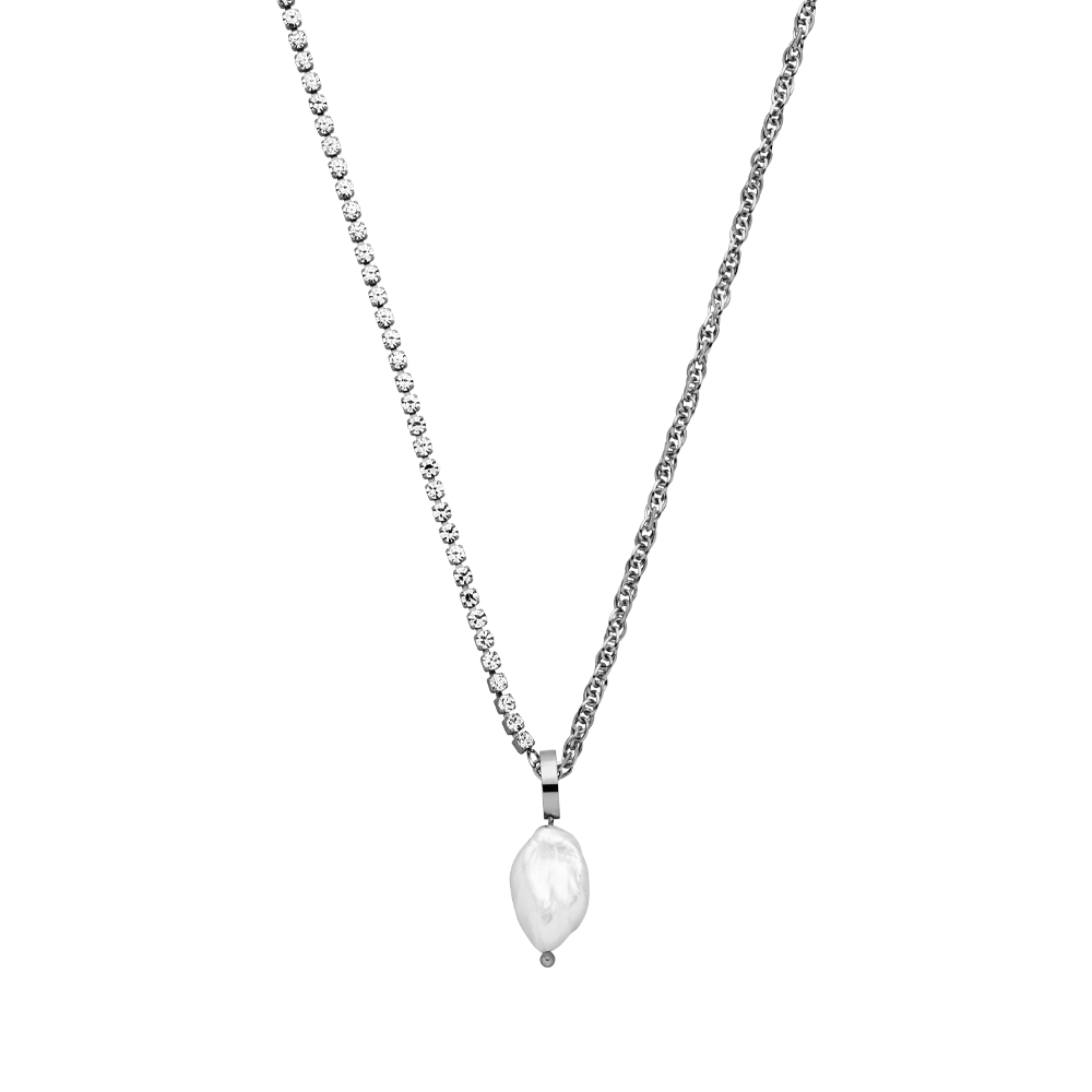 PURELEI Elua Kette in Silber mit schimmernder Keshi-Perle und Zirkonia, elegant und nickelfrei getragen.