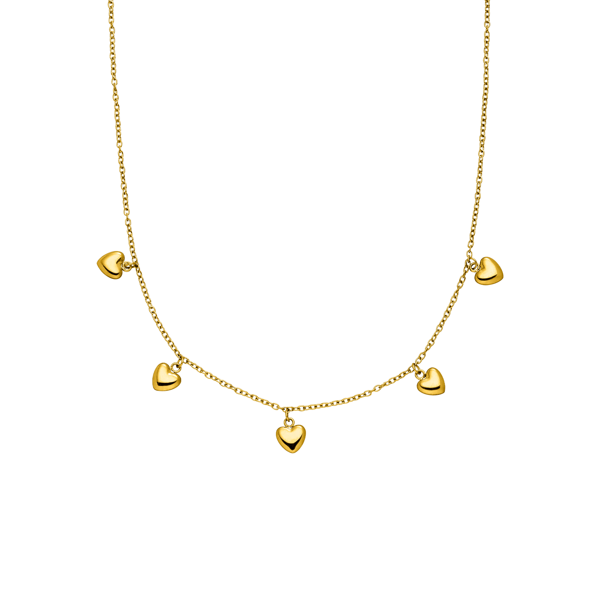 Goldene Kette mit herzförmigen Anhängern, elegant und verspielt, von PURELEI.