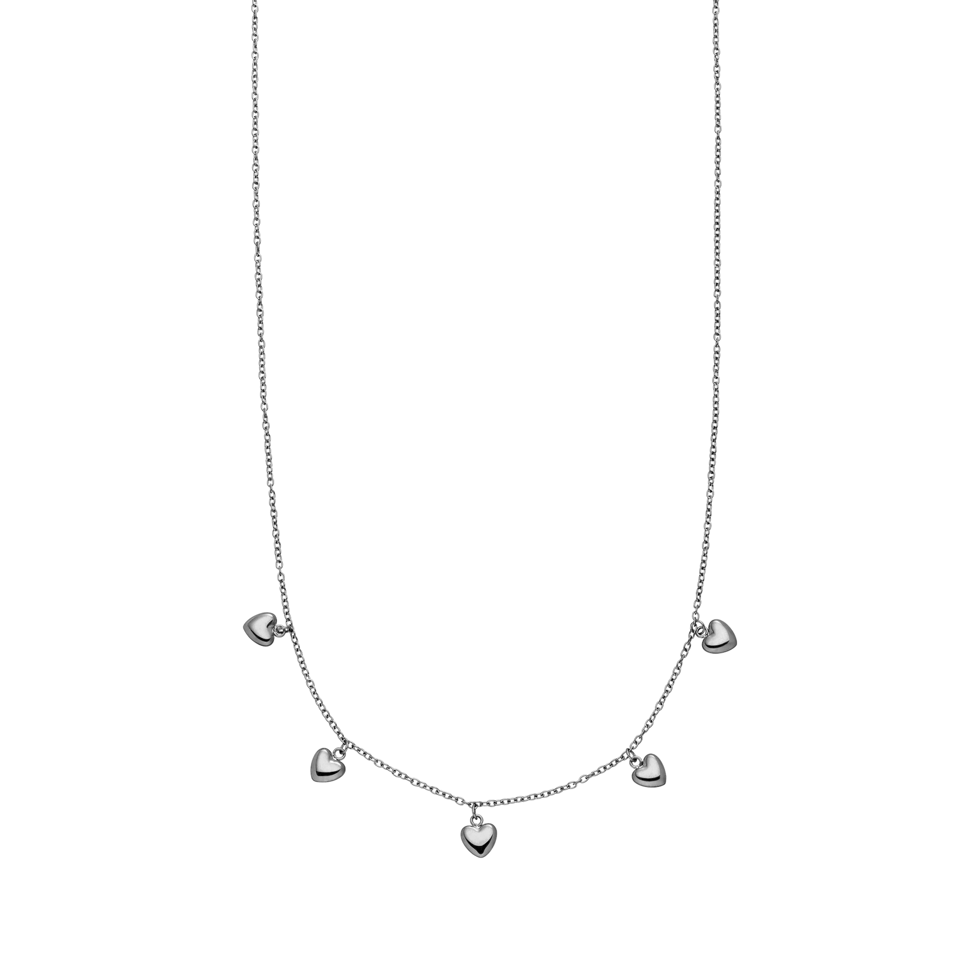 Schwarze Herz-Kette von PURELEI mit fünf glänzenden Herz-Anhängern, elegant und verspielt.