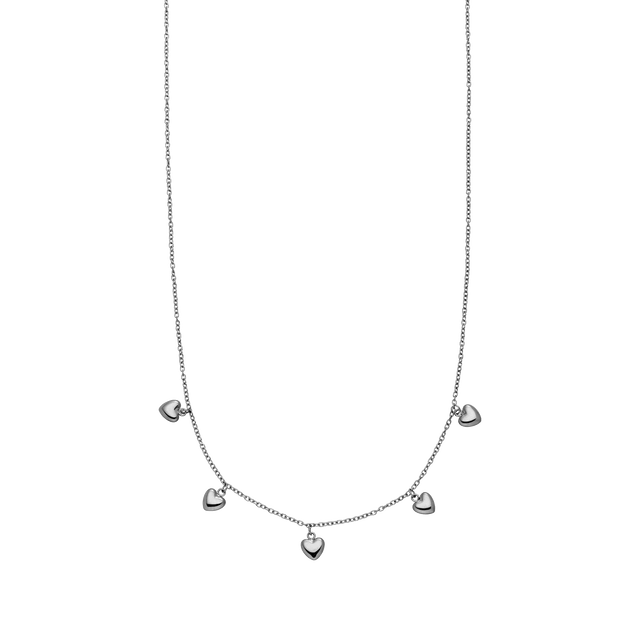 Schwarze Herz-Kette von PURELEI mit fünf glänzenden Herz-Anhängern, elegant und verspielt.