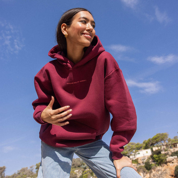 Locker sitzender weinroter Endless Summer Hoodie aus Baumwollmix mit Kapuze, PURELEI inspiriert von Aloha-Spirit.