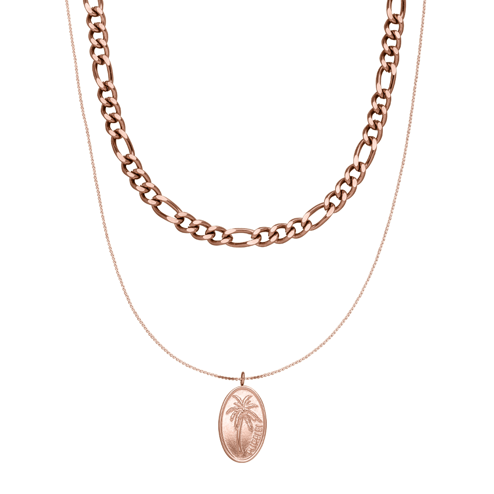PURELEI Aiani Ketten-Set in edlem Roségold mit Palmen-Anhänger, stylishes Layering für feminine Eleganz.