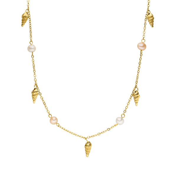 PURELEI Akala Kette aus vergoldetem Edelstahl mit Muschel-Anhängern und echten Perlen, elegant und feminin.