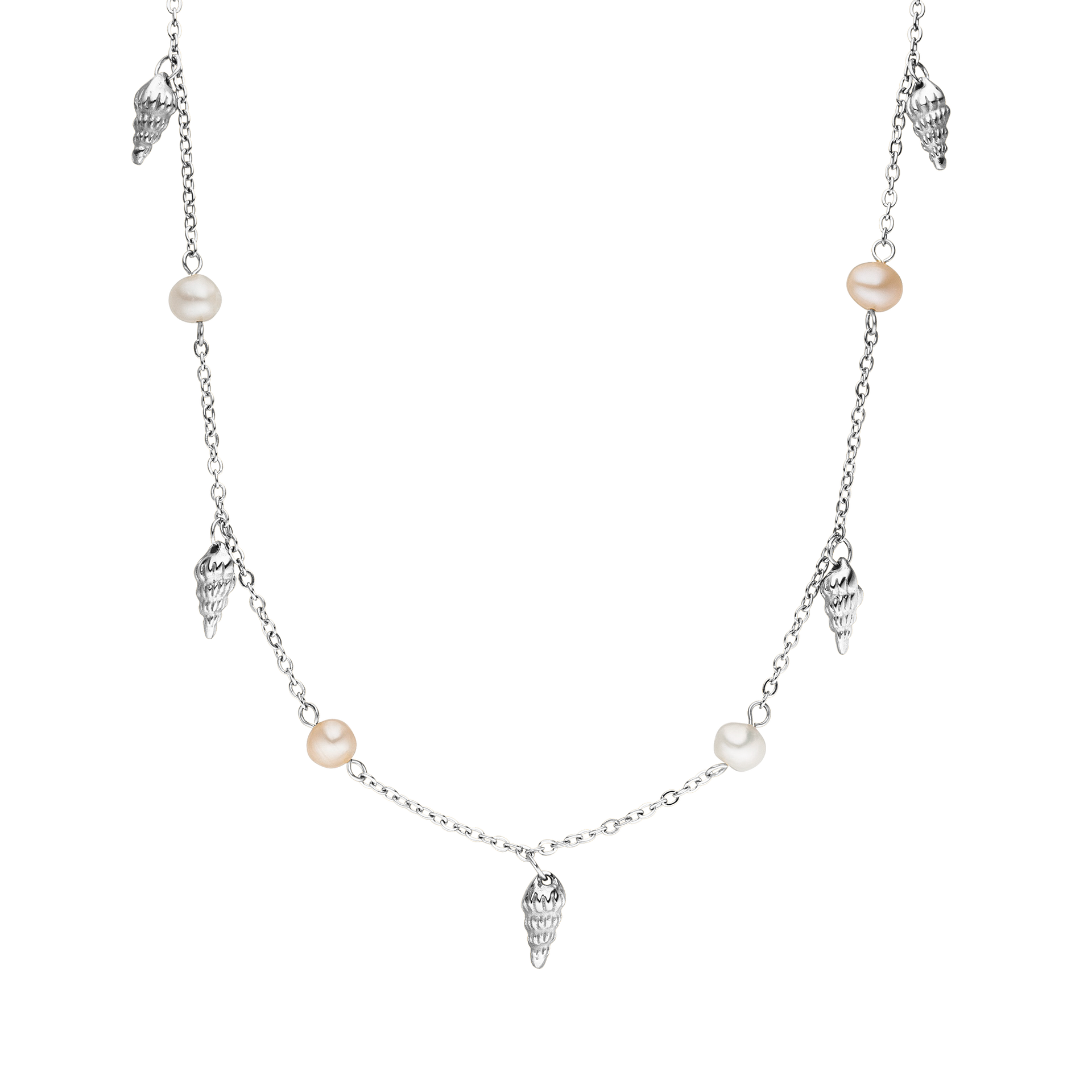 PURELEI Akala Kette aus silbernem Edelstahl mit Muschel-Anhängern und feinen Süßwasserperlen, elegant und feminin.