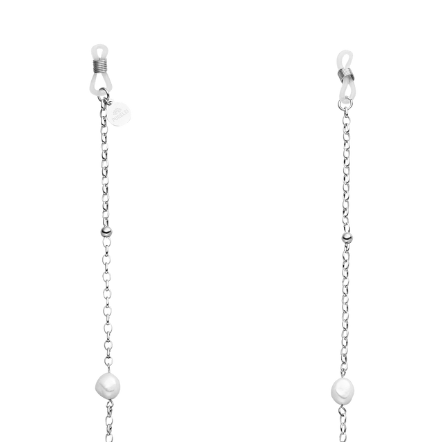 PURELEI Alima Brillenkette aus silberfarbenem Edelstahl mit schimmernden Keshi-Perlen, elegant und feminin.