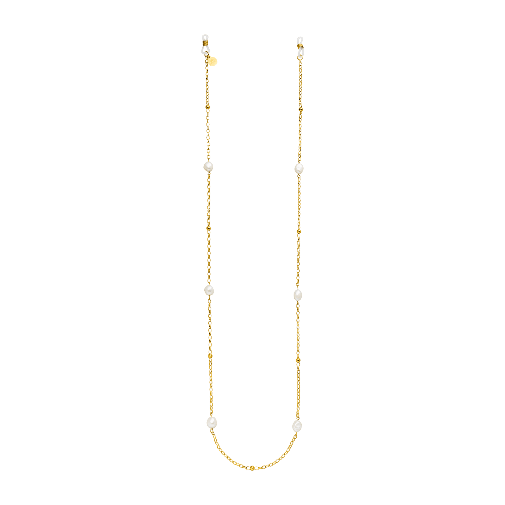 PURELEI Alima Brillenkette mit goldener Edelstahlkette und eleganten Keshi-Perlen, sommerlich leicht und feminin.