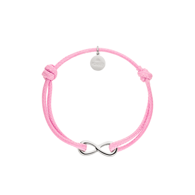 Pinkes Armband mit unendlichem Symbol und PURELEI-Anhänger, fröhlich und modern.