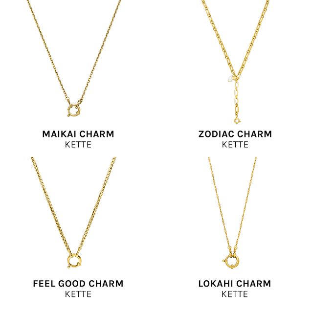 PURELEI Pure D Charm goldener Edelstahl-Anhänger, minimalistisch, elegant und warm im Licht präsentiert.