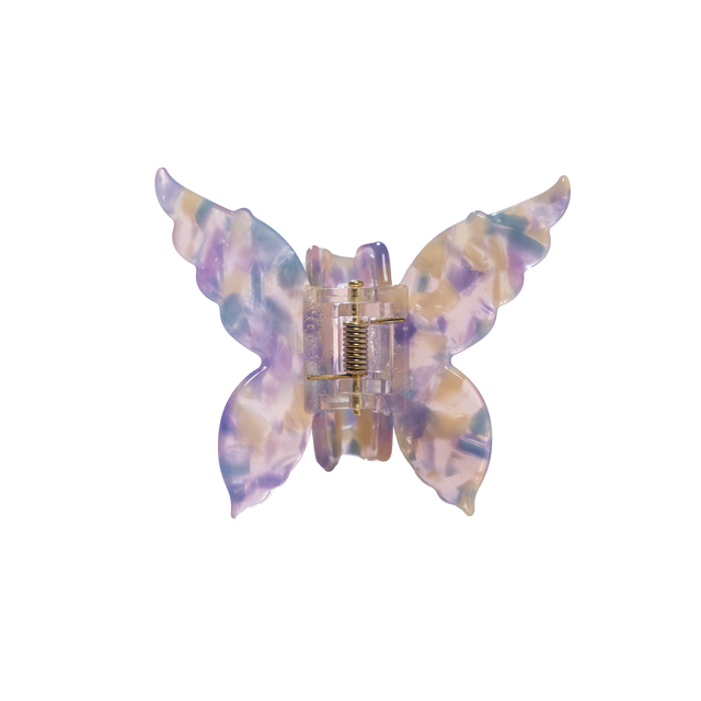 Transparente Haarklammer in Schmetterlingsform von PURELEI, lila und cremefarben mit marmoriertem Design.