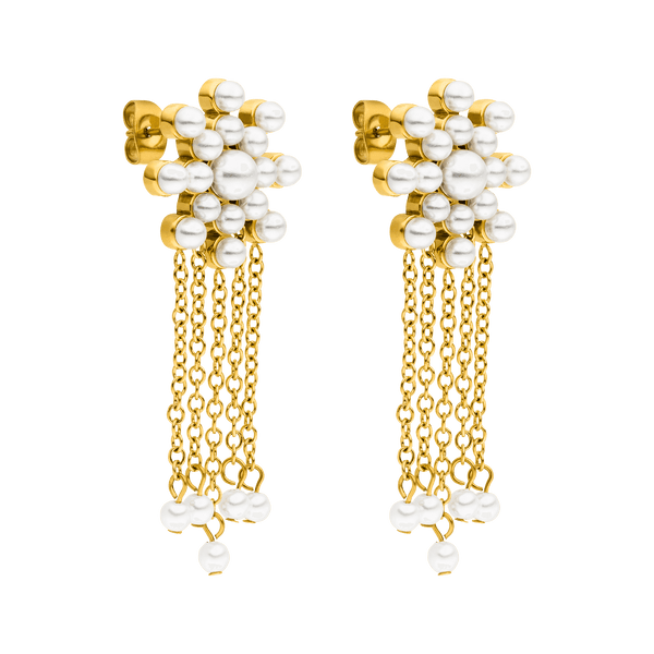 Goldene Ohrringe mit weißen Perlen und Ketten, elegant und feminin – PURELEI.