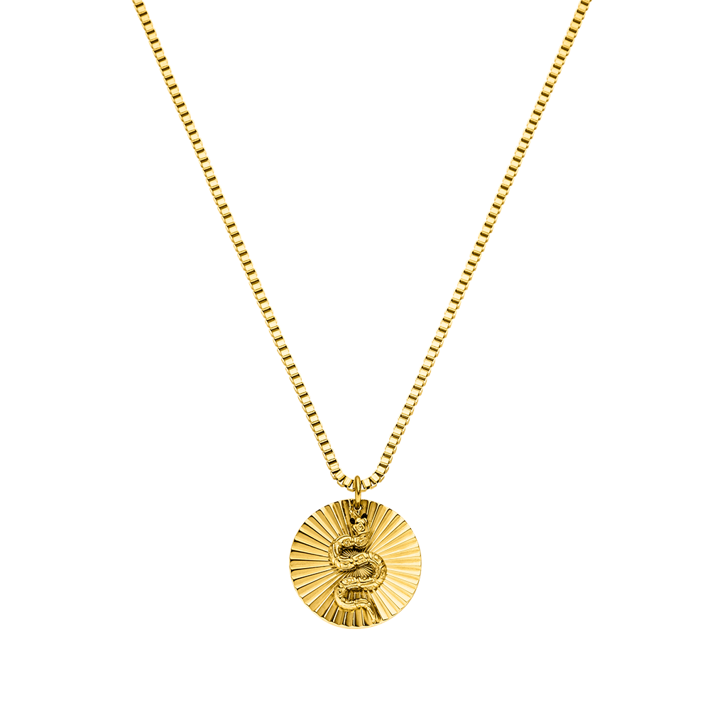 PURELEI Snake Coin Kette in 18K Gold mit geprägtem Schlangensymbol, elegant und nickelfrei, zeitlos feminin.
