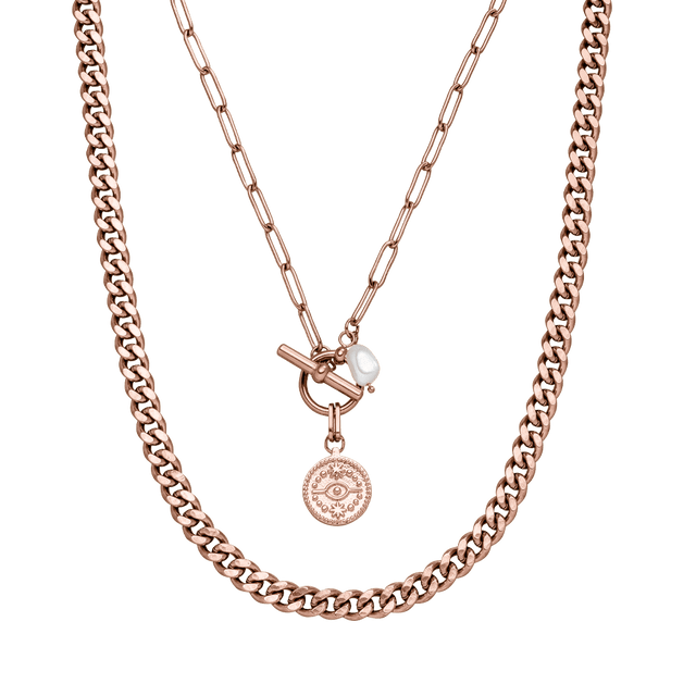 Makani Ketten-Set von PURELEI, roségoldene Edelstahlketten mit Keshi-Perle und Sternzeichen-Anhänger, elegant layering.