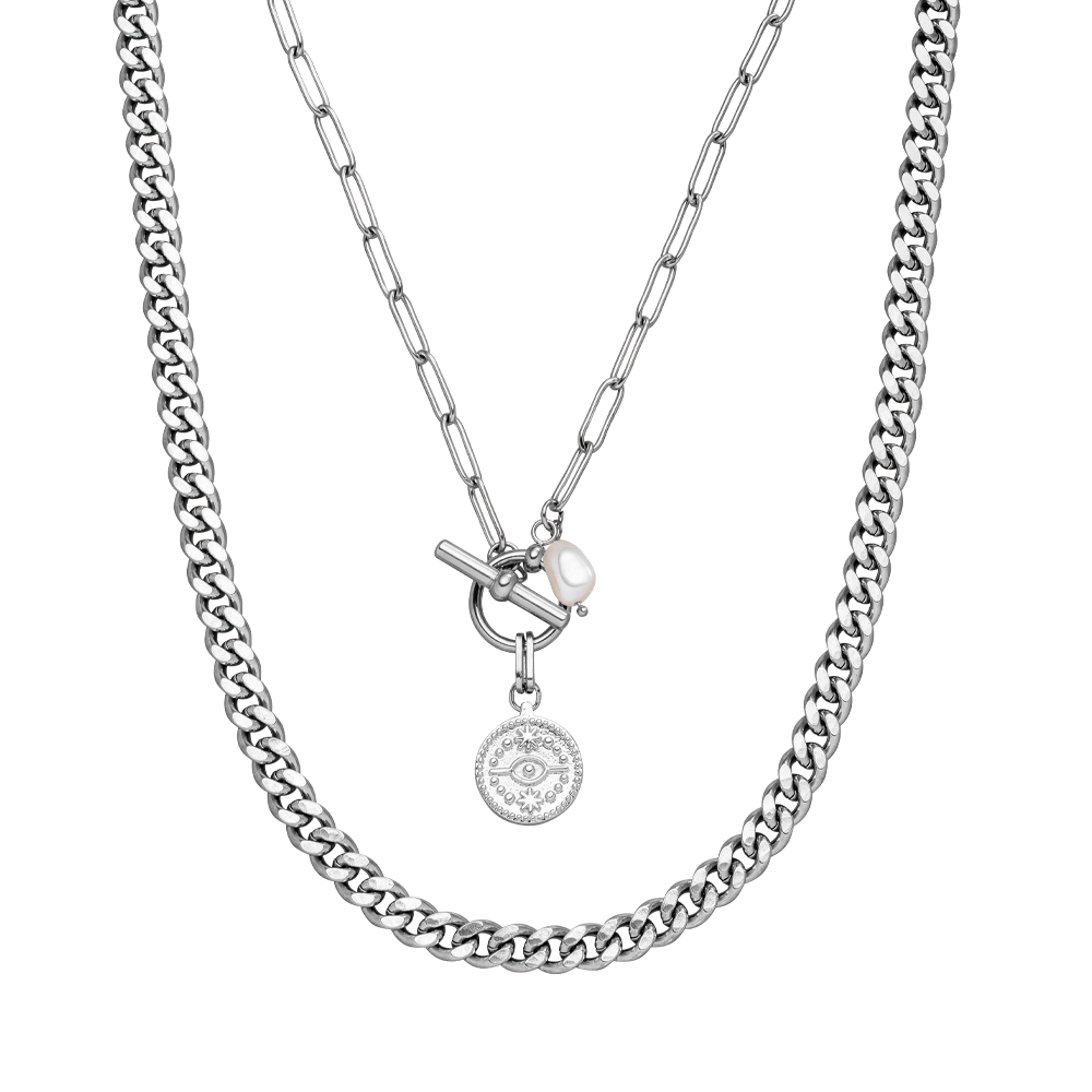 Makani Ketten-Set von PURELEI, nickelfreies silbernes Edelstahl-Layering mit Perle und Anhänger, elegant und modern