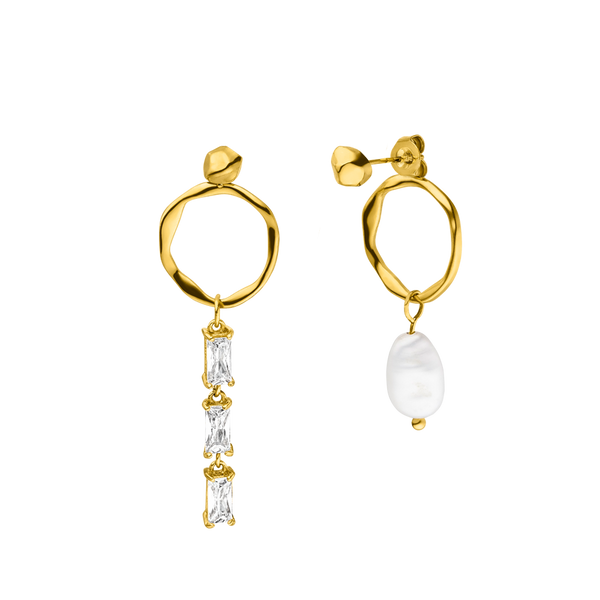 Elua Ohrringe von PURELEI, 18K Gold Edelstahl, asymmetrisch mit Zirkonia und einzigartiger Keshi-Perle, elegant und feminin.