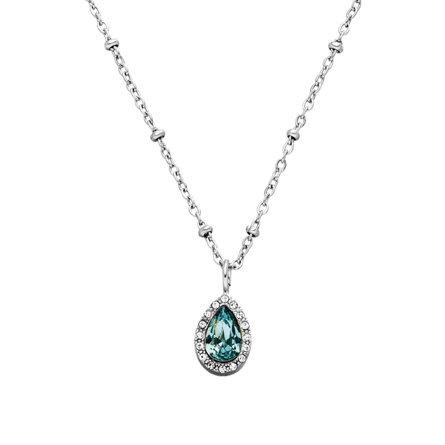 Bellezza Kette von PURELEI mit aquamarinblauem Tropfen aus Glas und silberner, filigraner Edelstahlkette, elegant und zeitlos.