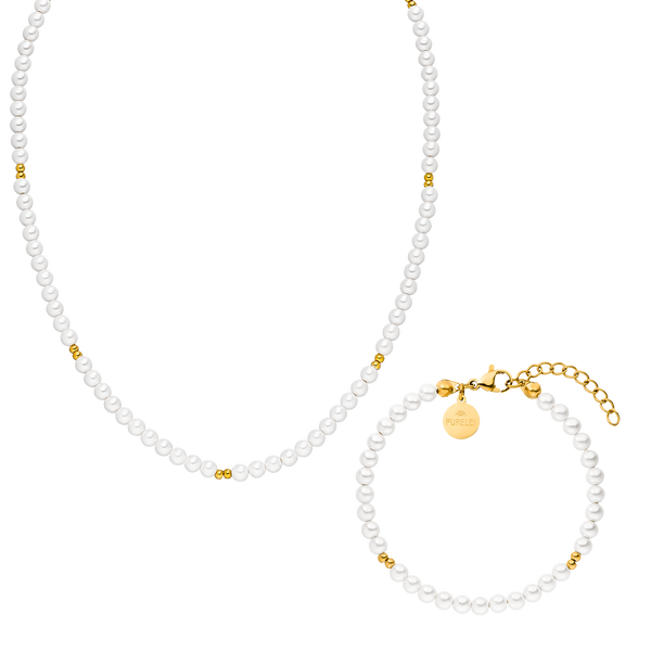 Weißes Perlenarmband und -kette mit goldenen Akzenten von PURELEI, elegant und feminin.