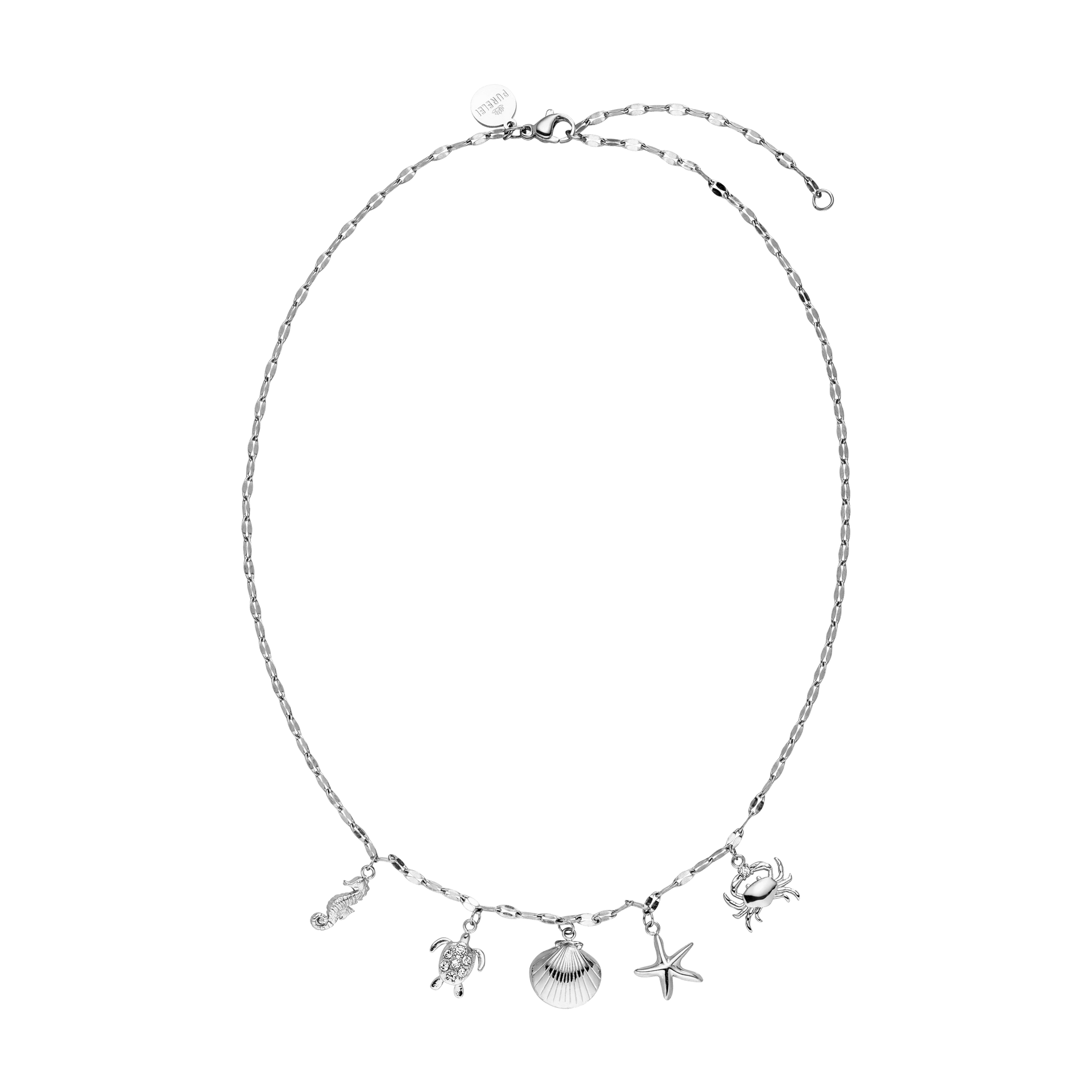 Silberne Kette mit maritimen Anhängern von PURELEI, elegant und verspielt.