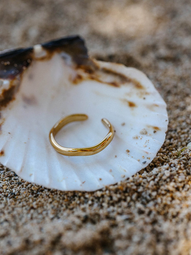 Goldener Ring auf Muschel, umgeben von feinem Sand – PURELEI Eleganz.