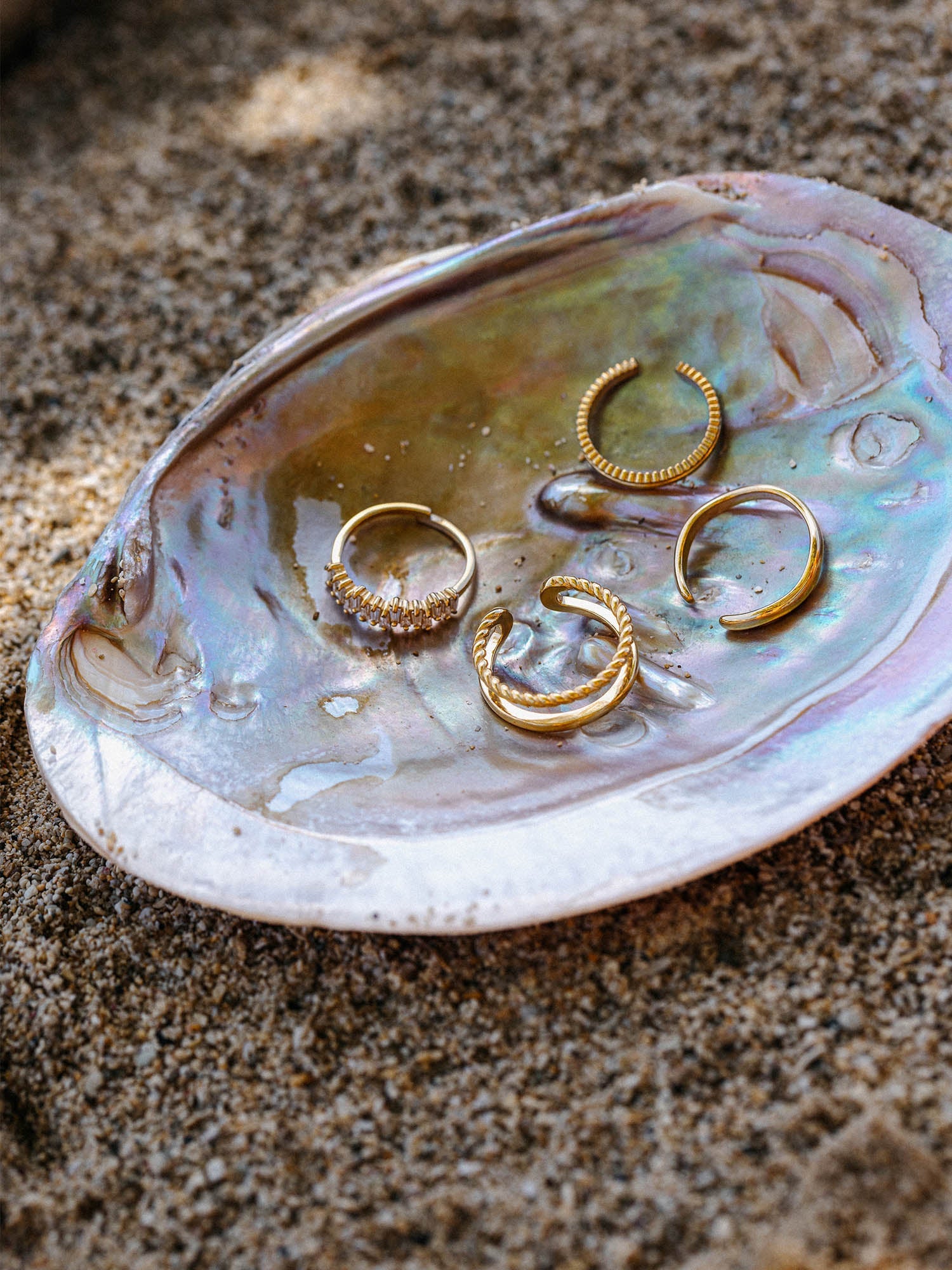 Silberne Ringe in Muschel auf Sand, PURELEI inspiriert von der Natur.