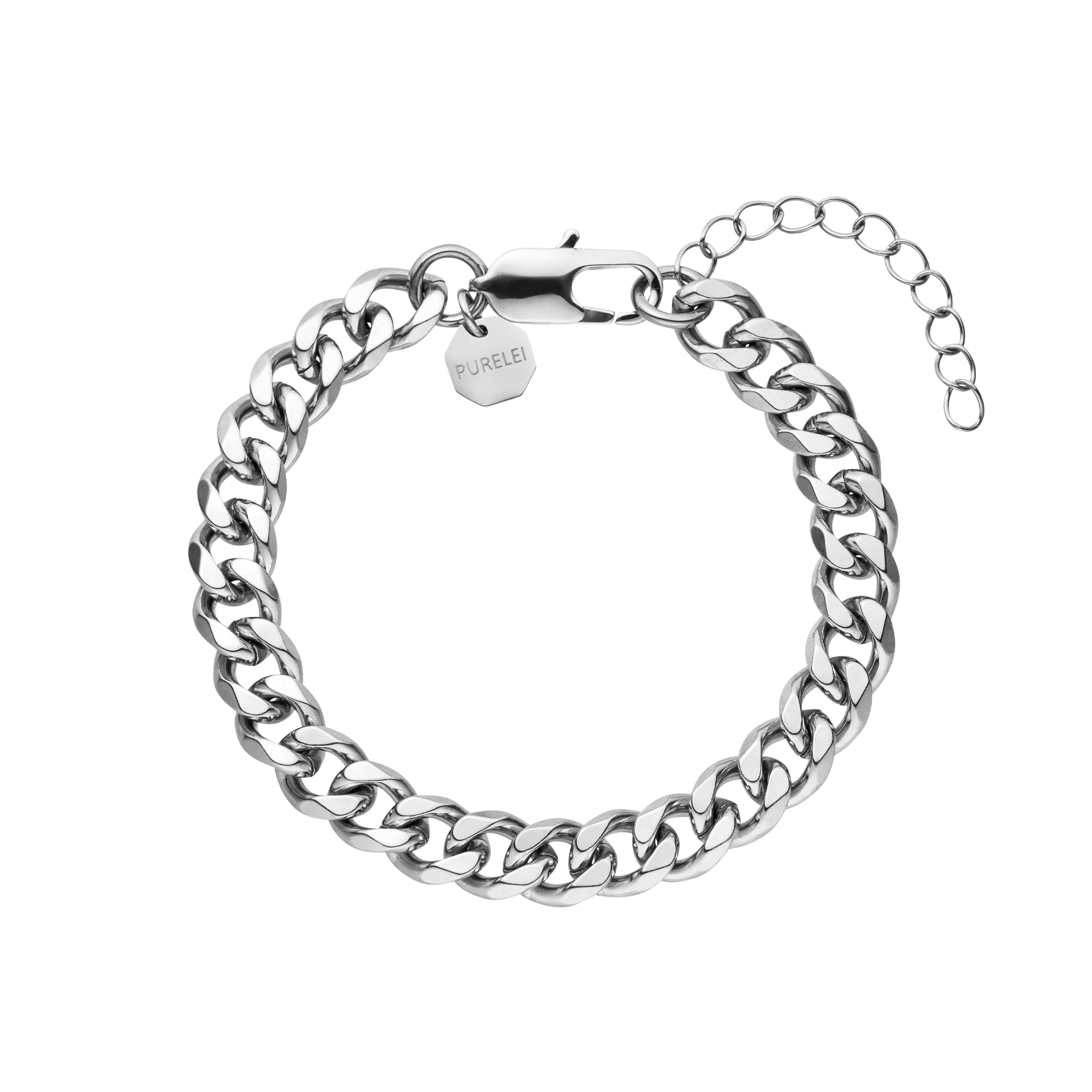 Silbernes Armband mit Kettendesign und PURELEI-Anhänger, elegant und modern.