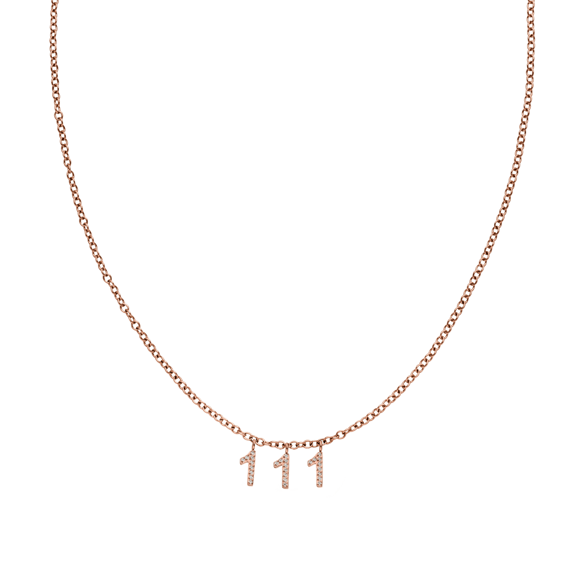 Roségoldene 111 Kette mit Zirkonia-Zahlenanhängern in Ankerkette, nickelfrei, elegant und inspirierend.