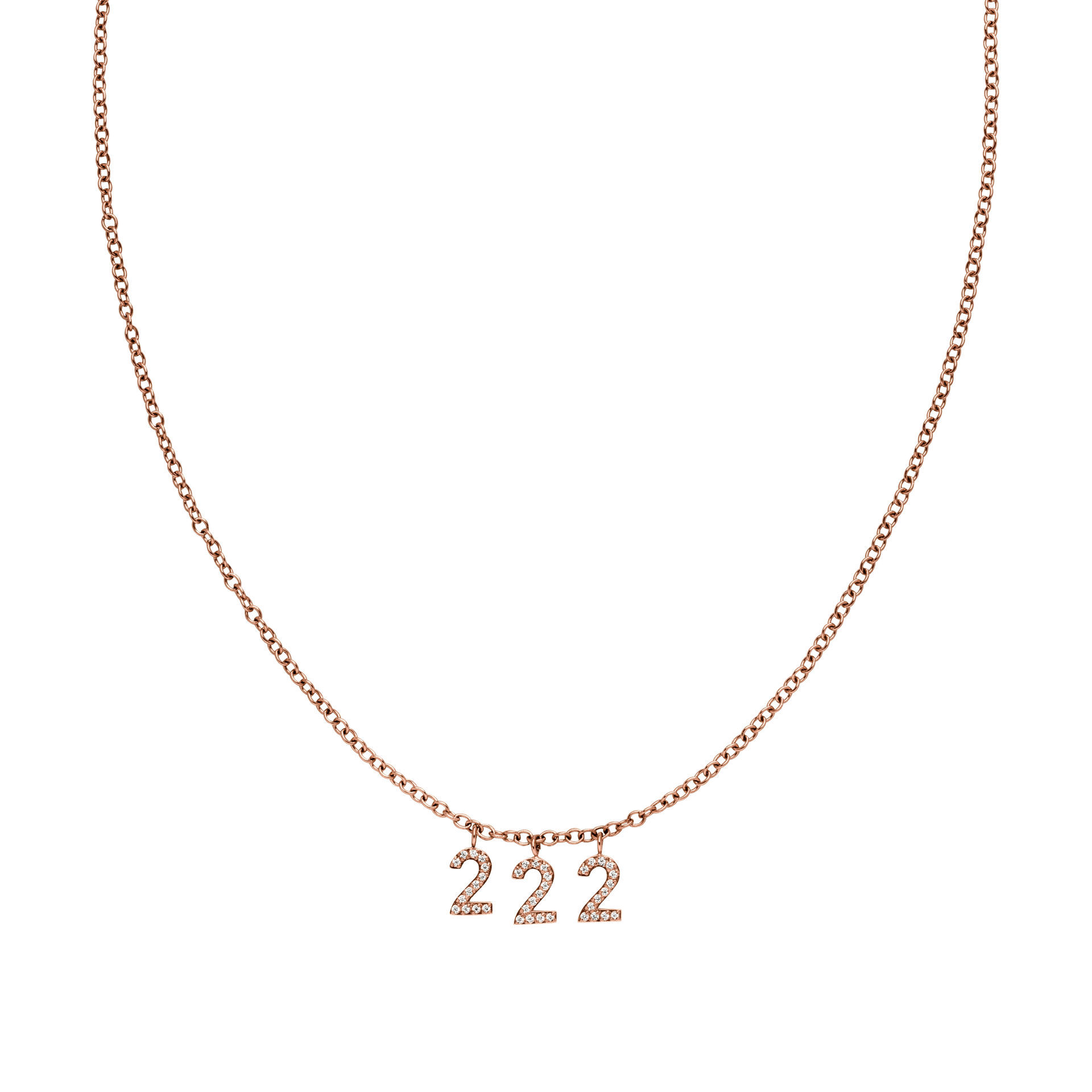 Roségoldene 222 Kette mit Zirkonia besetzten Zahlenanhängern und Ankerkette, elegant und filigran.