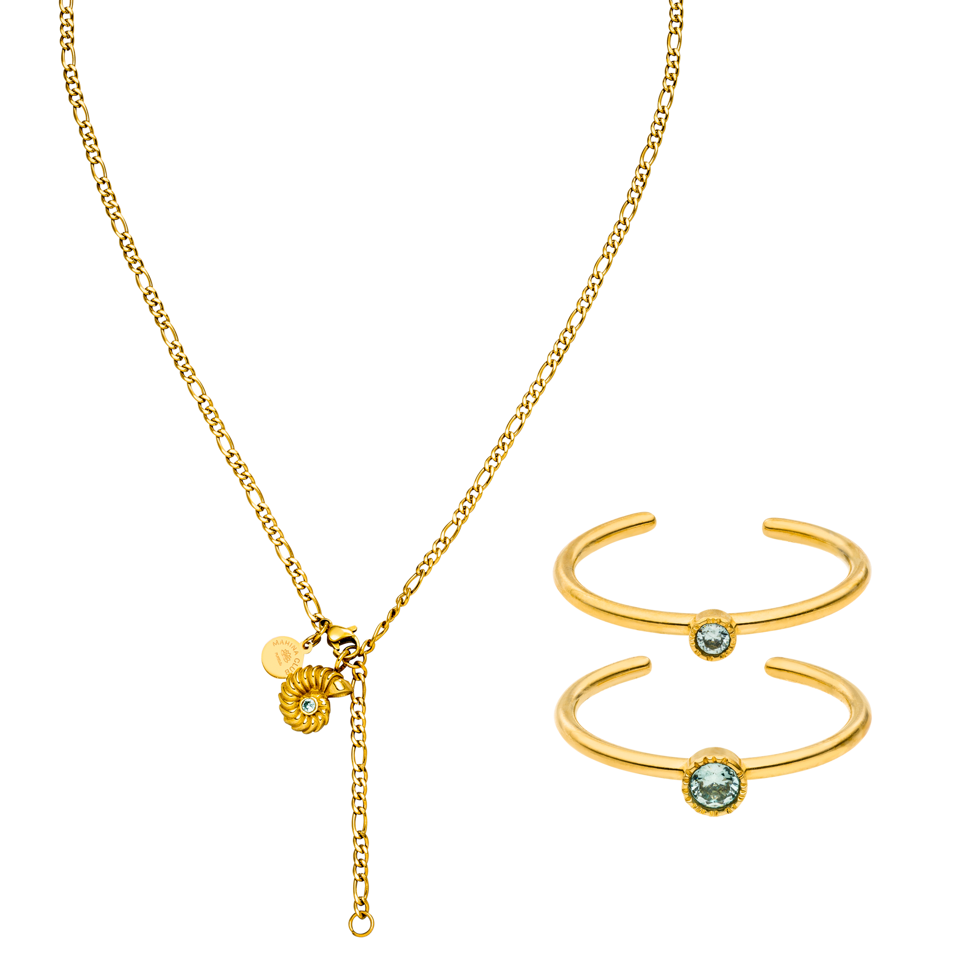 Goldene Kette mit Muschel-Anhänger und zwei Armreifen von PURELEI, elegant und feminin.