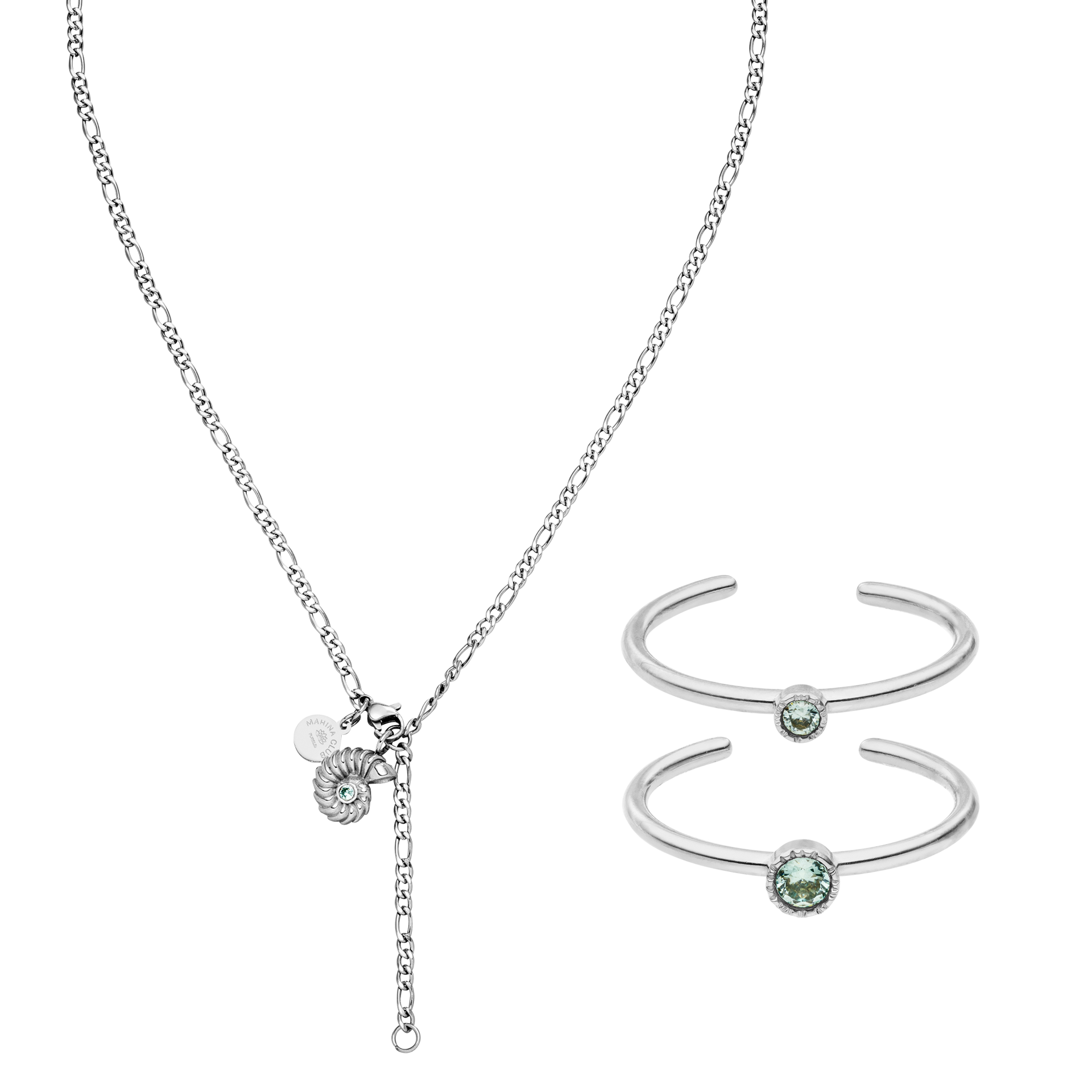 Silberne Kette und Armreifen mit grünem Stein, PURELEI, elegant und modern.