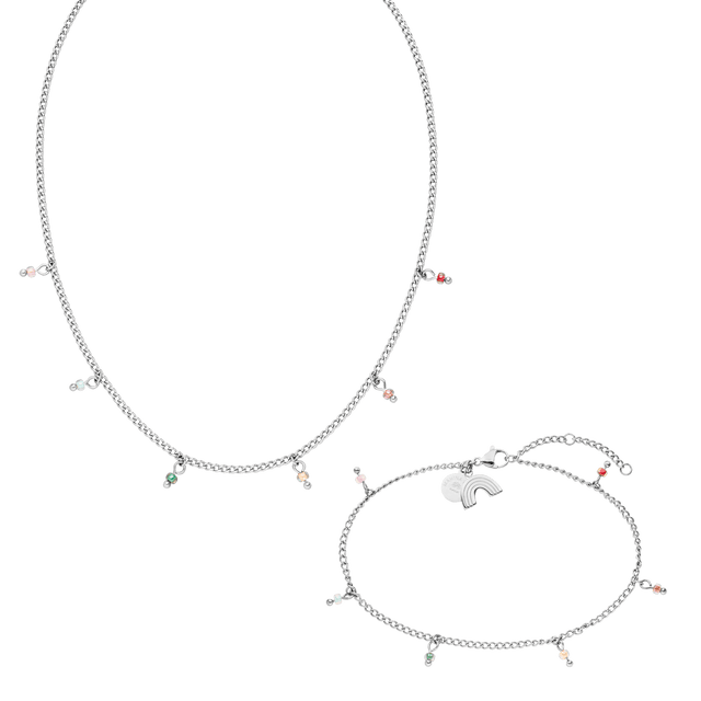 Silberne Kette und Armband mit bunten Anhängern von PURELEI, modern und verspielt.