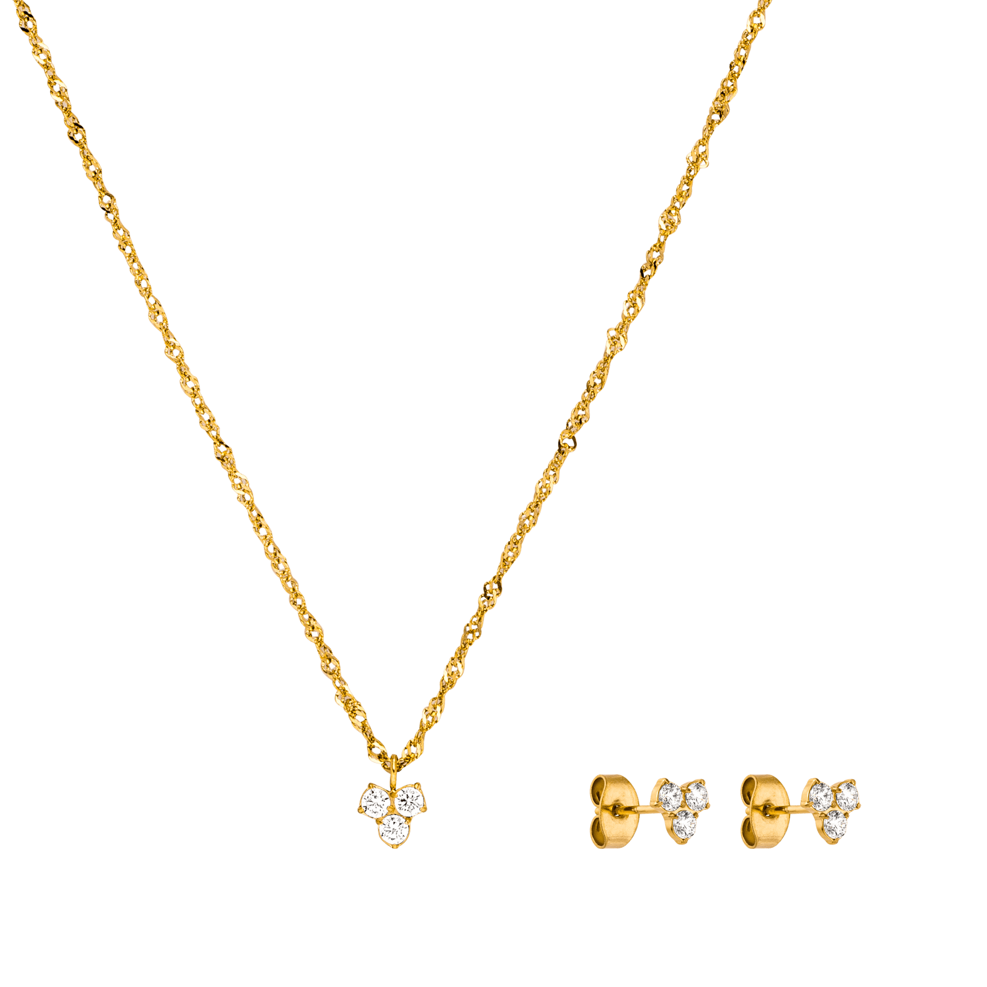 Goldene Kette mit blütenförmigem Anhänger und passenden Ohrringen von PURELEI.