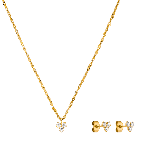 Goldene Kette mit blütenförmigem Anhänger und passenden Ohrringen von PURELEI.