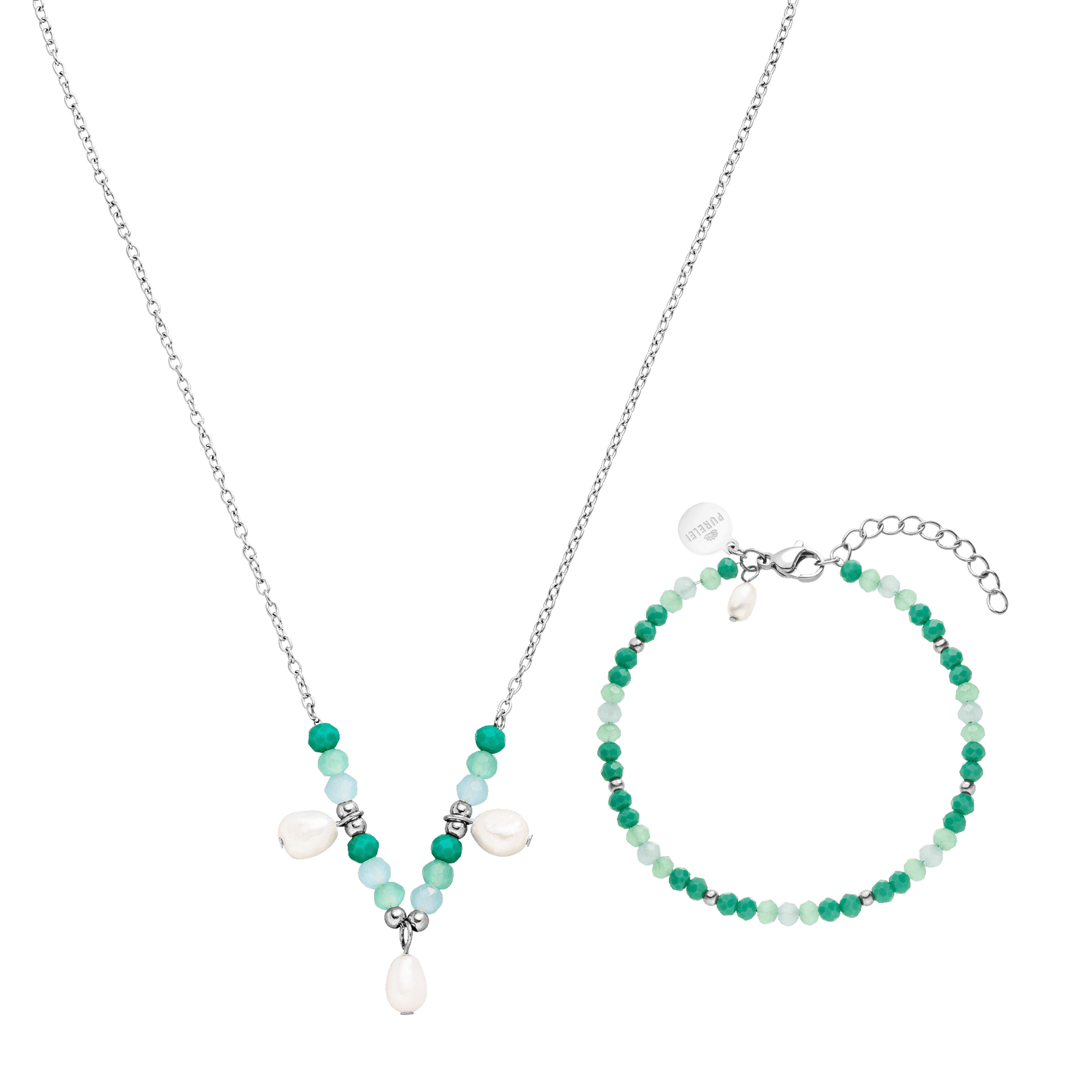 Silberne Kette und Armband mit grünen und weißen Perlen von PURELEI, frisch und elegant.