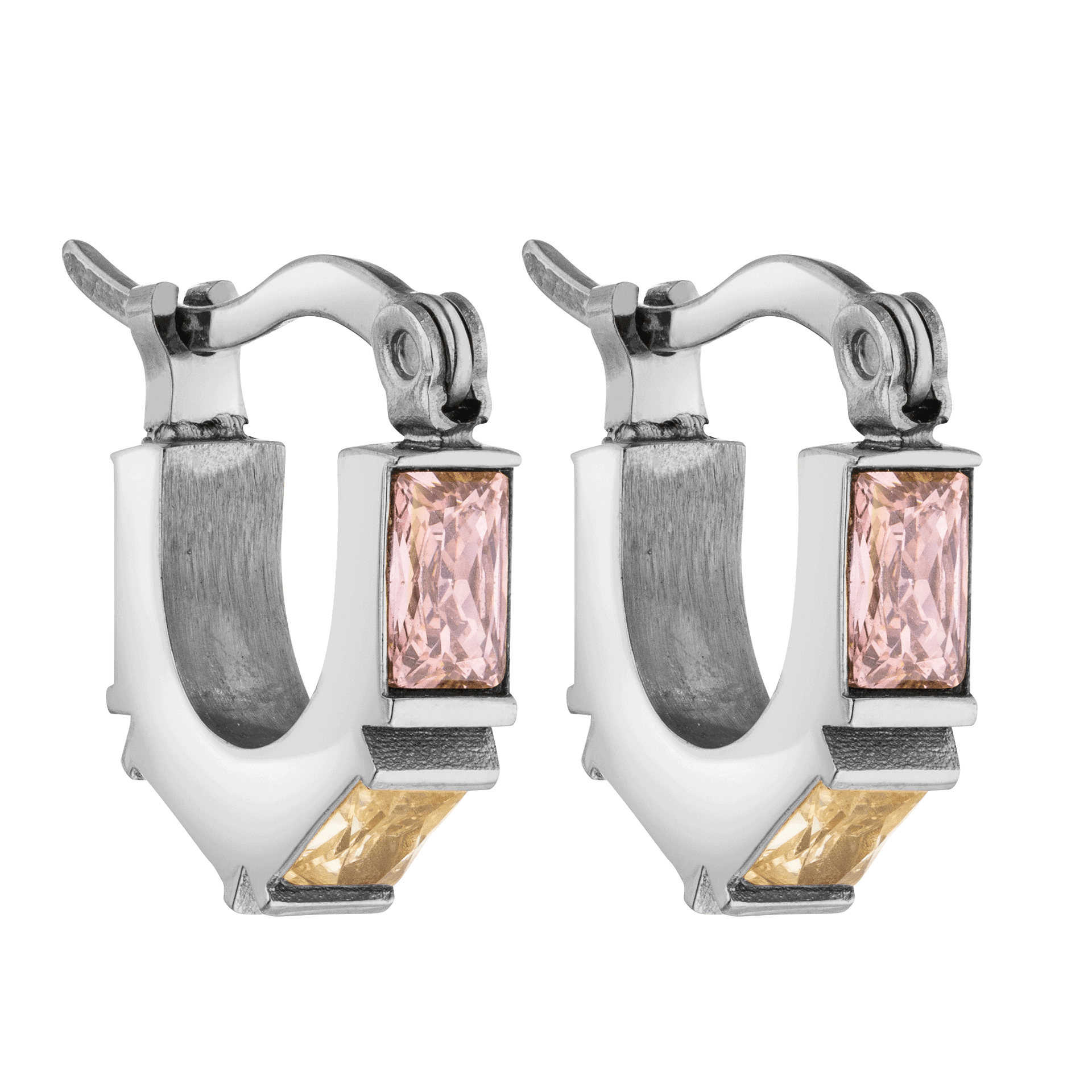 Silberne Creolen mit rosa und goldfarbenen Steinen von PURELEI, elegant und modern.