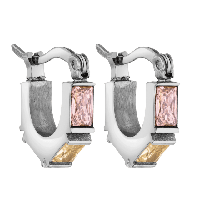 Silberne Creolen mit rosa und goldfarbenen Steinen von PURELEI, elegant und modern.