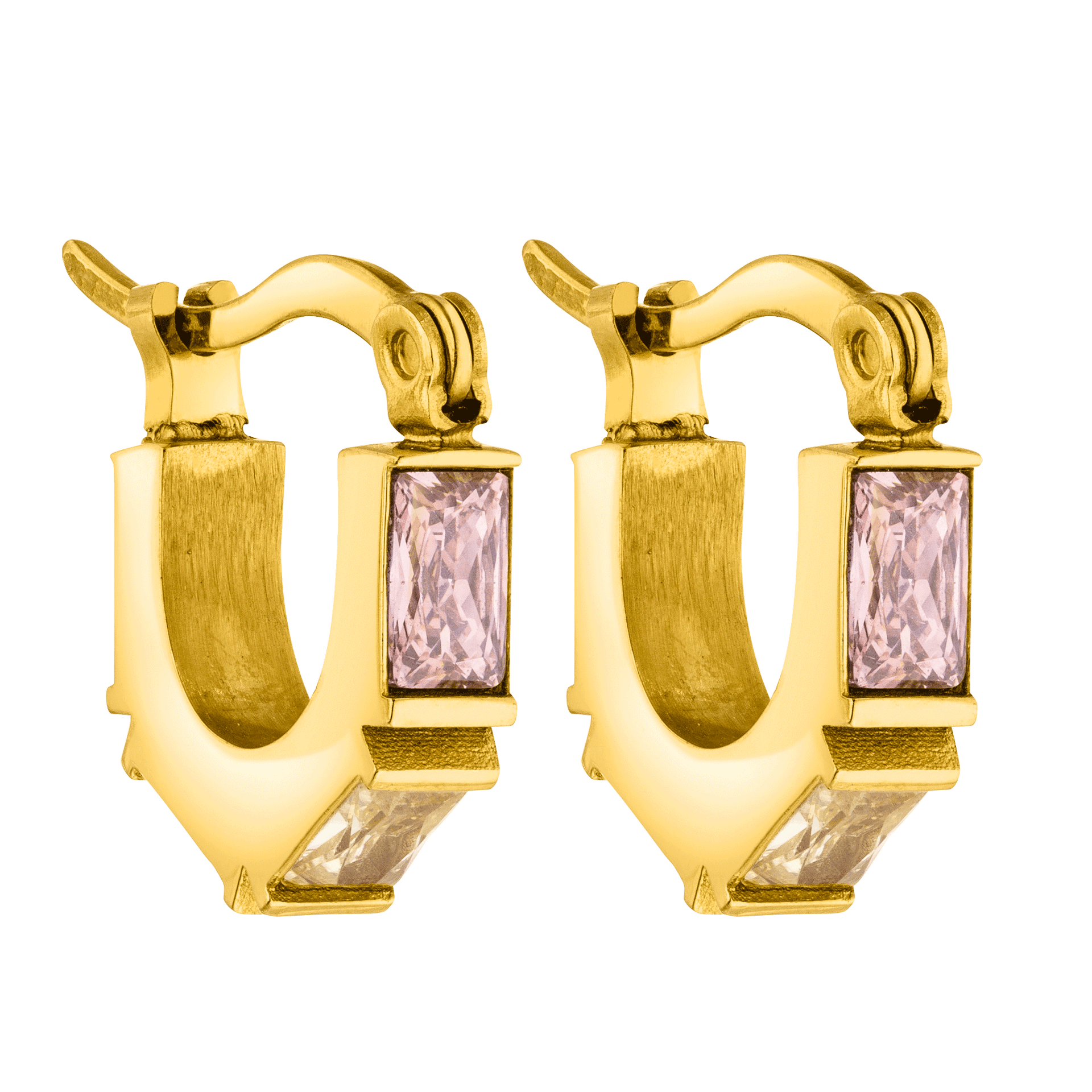 Goldene Creolen mit rosa Steinen, elegant und feminin – PURELEI Schmuck.