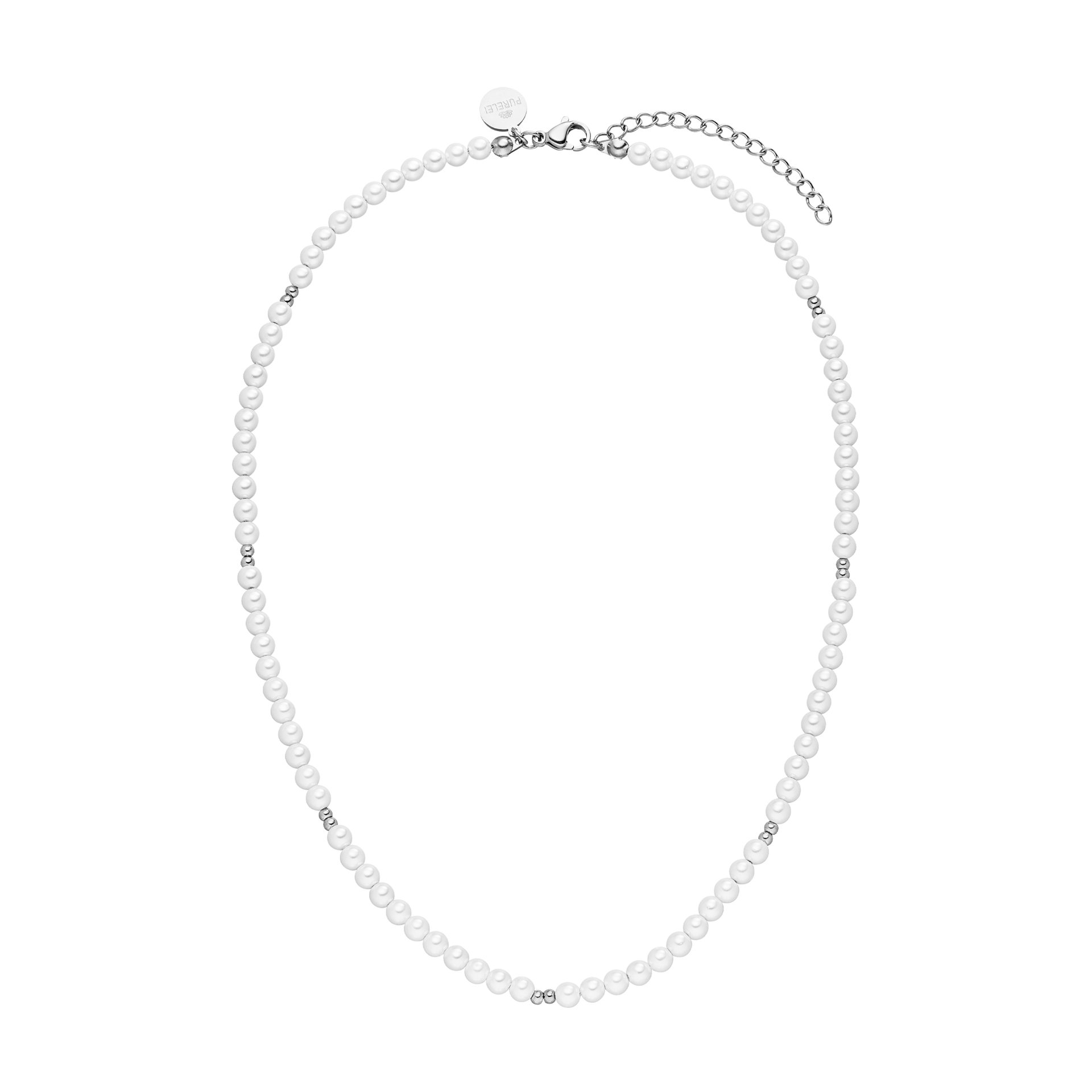 Weiße Perlenkette mit silbernen Akzenten von PURELEI, elegant und zeitlos.