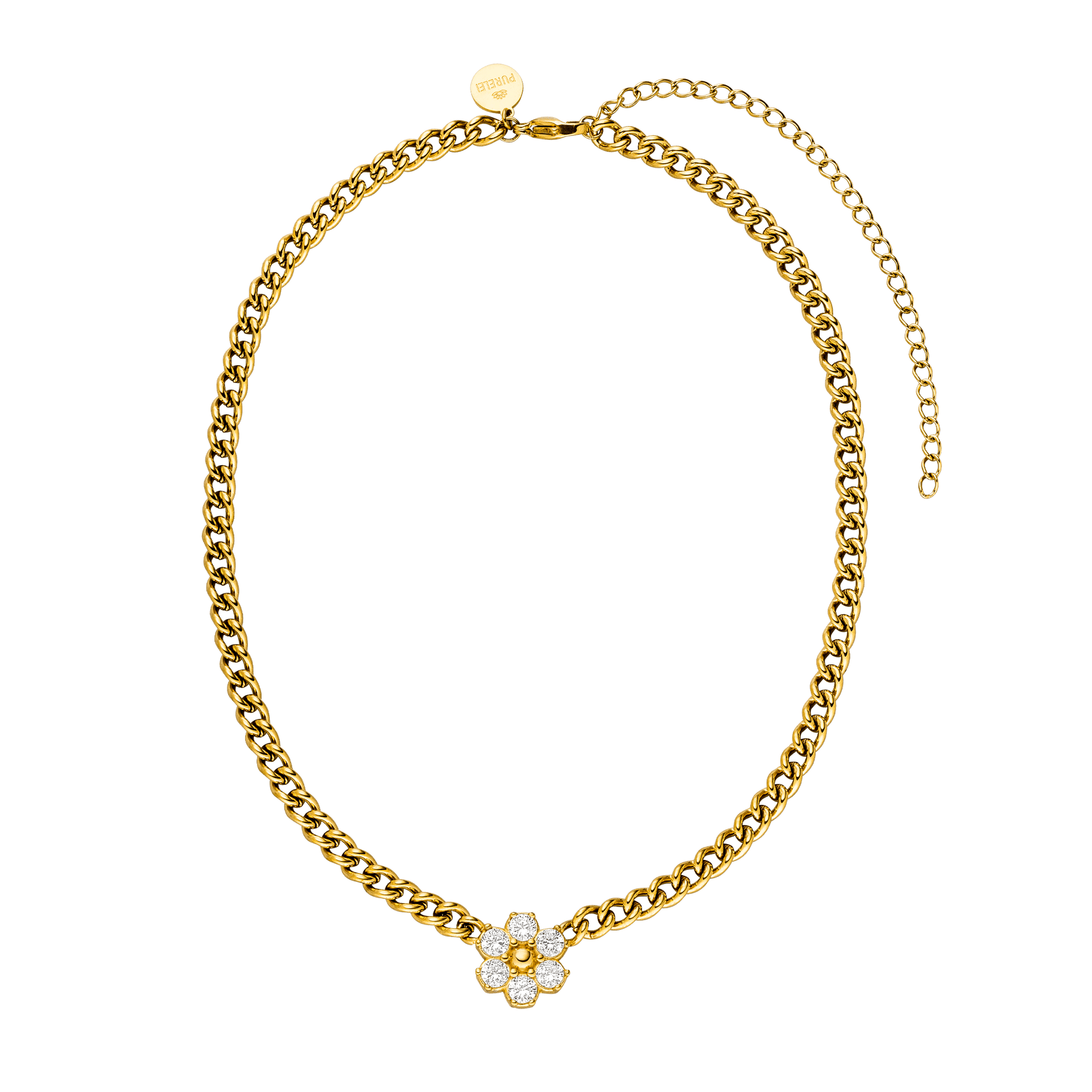 Goldene Kette mit blütenförmigem Anhänger, PURELEI, elegant und feminin.