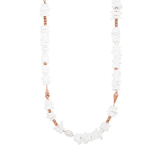 PURELEI Wela Kette aus roségoldenem Edelstahl mit echten Muschelstücken und Perlen, elegant und feminin gestaltet