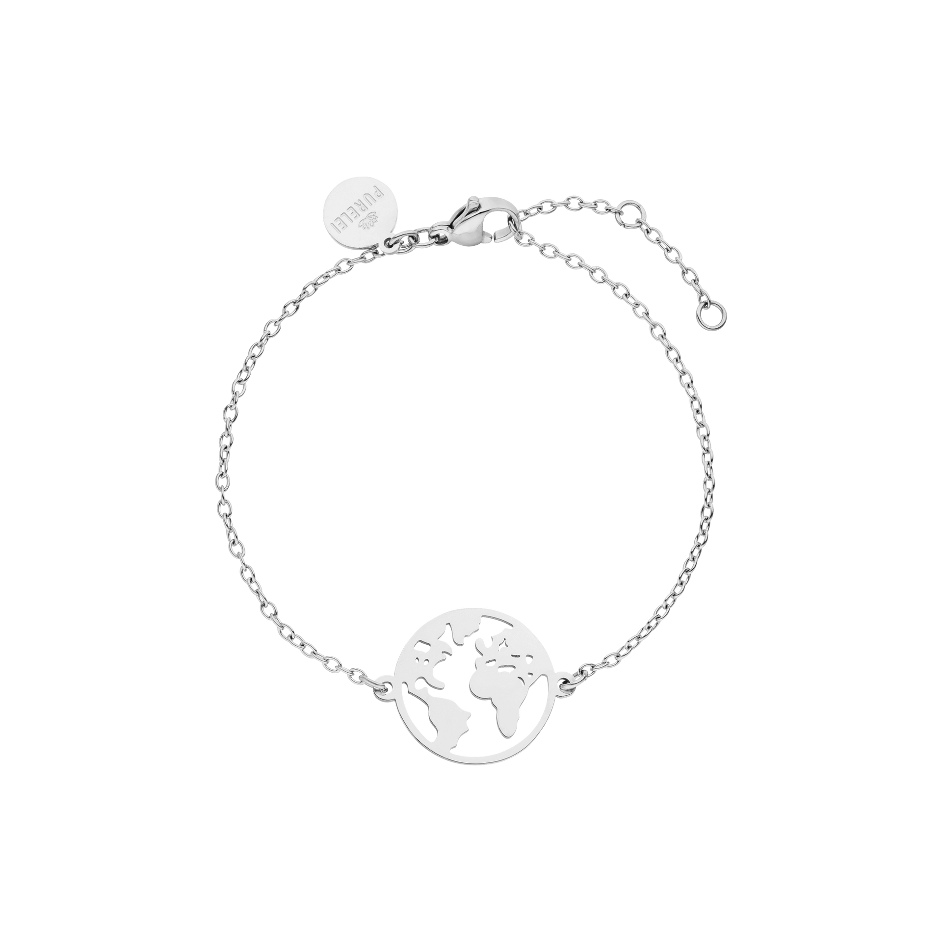 PURELEI World Map Armband aus nickelfreiem Silber mit filigraner Weltkarte, elegant und minimalistisch am Handgelenk getragen