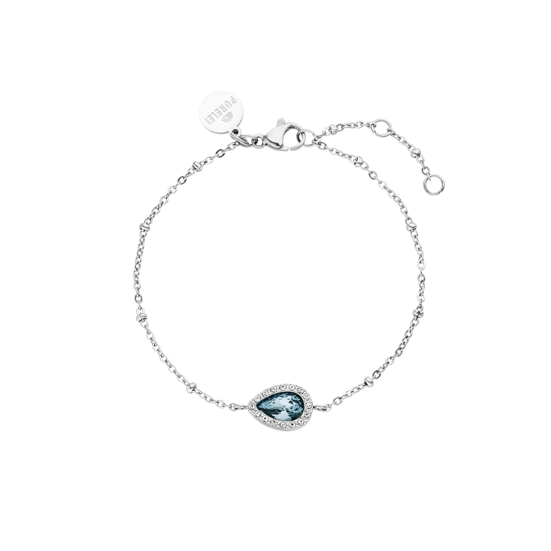 PURELEI Bellezza Armband aus nickelfreiem Silber mit blauem Tropfenstein und feinen Metallkugeln, elegant und feminin.