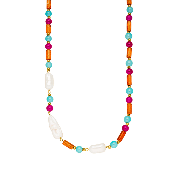 Bunte PURELEI Kette mit Muscheln, orangefarbenen und pinken Perlen, strahlt tropische Frische aus.
